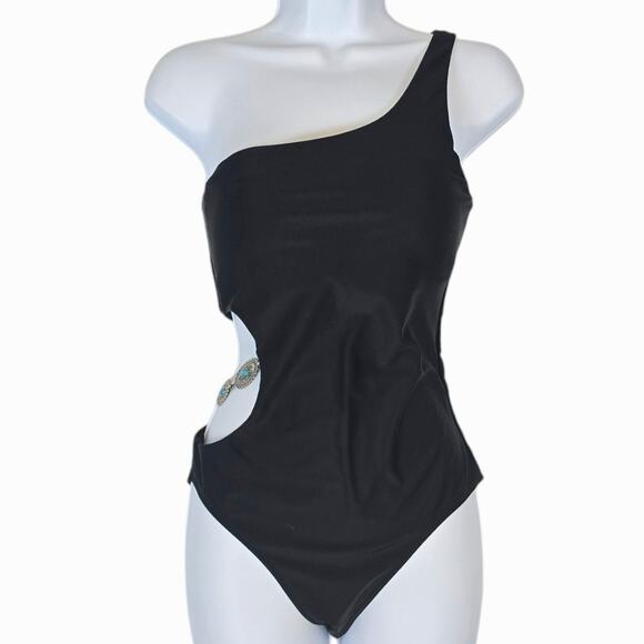 L'Agence Ava Chain Black Swimsuit One Shoulder Cut Out Concho Turquoise S NEW - Picture 3 of 12